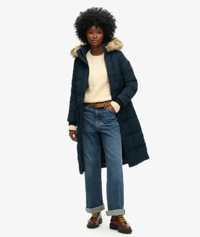 Superdry Women's Longline Faux Fur Everest Coat Navy / Eclipse Navy -
