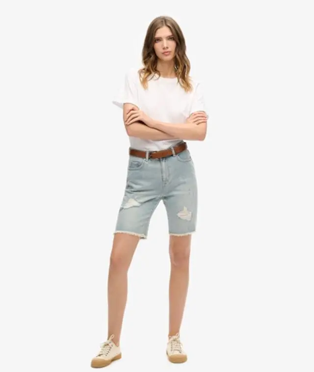 Superdry Women's Bermuda Boy Shorts Light Blue / Light Indigo Destroy -