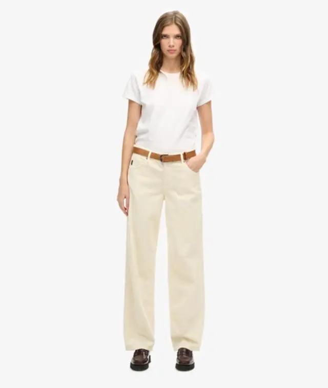 Superdry Women's Classic Logo Patch Vintage Wide Leg Cord Trousers, White,