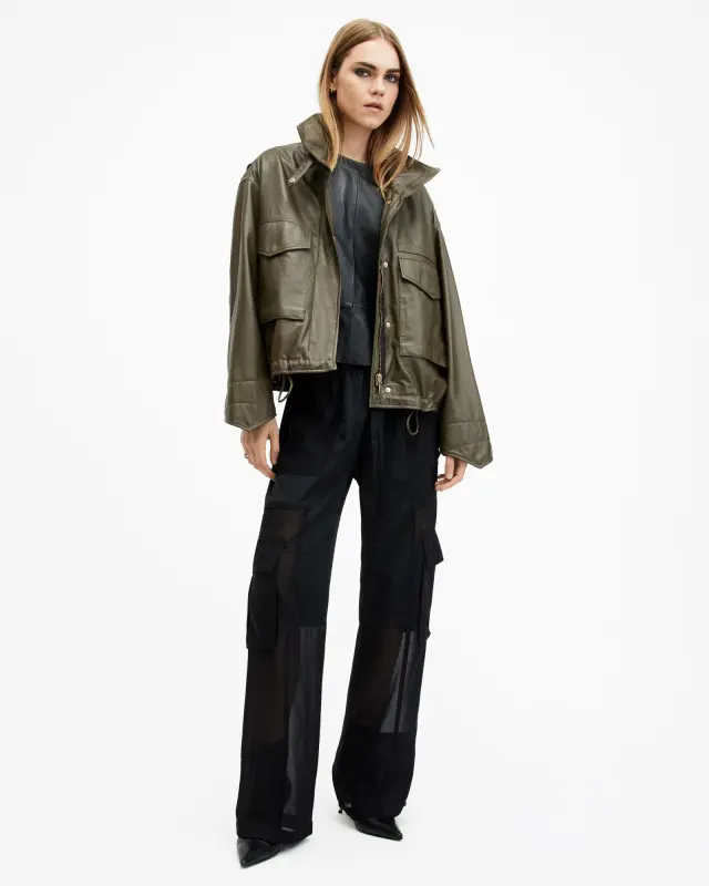 AllSaints Clay Funnel Neck Cropped Leather Jacket