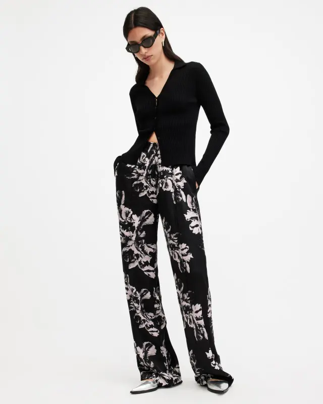 Allsaints Charli Silk Blend Wide Leg Floral Trousers