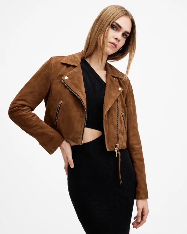 AllSaints Dalby Slim Fit Cropped Suede Biker Jacket