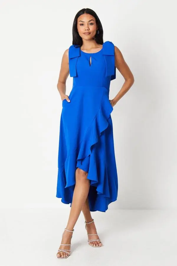 Bow Ruffle Round Neck Midi Dress - Blue