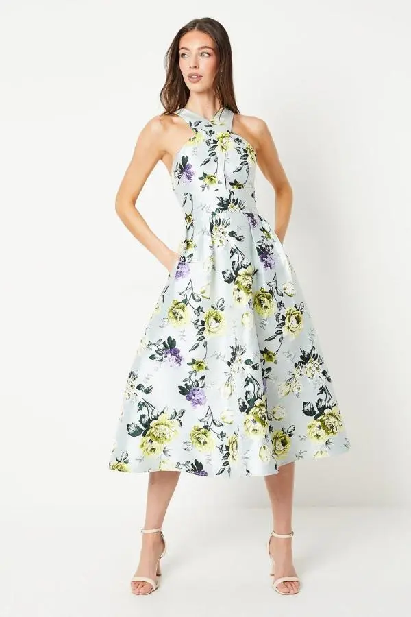 Cross Front Floral Jacquard Midi Dress - Yellow