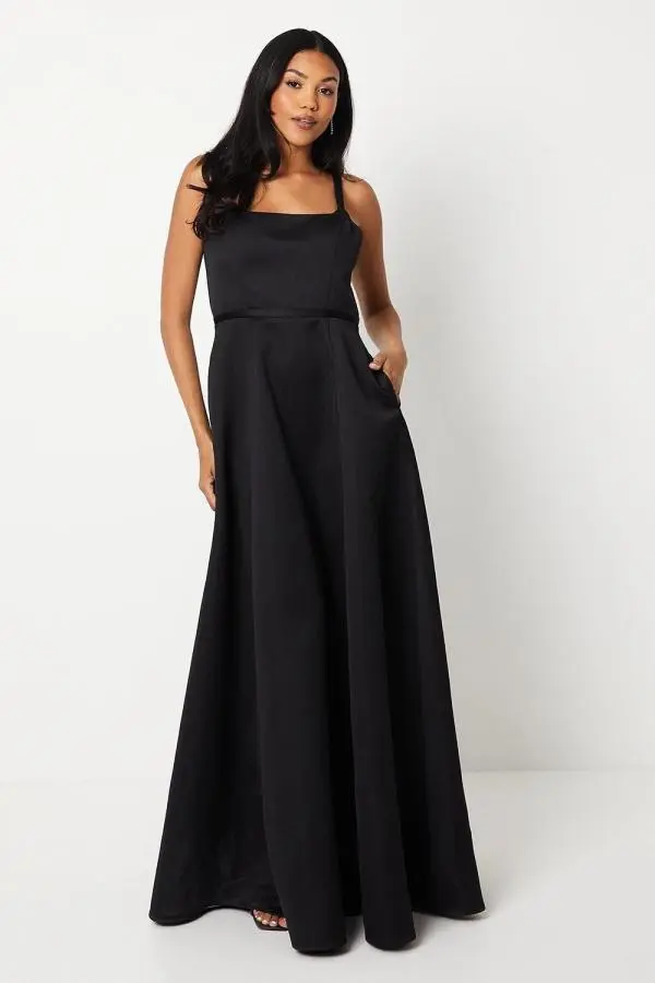 Structured Satin Full Skirted Gown - Black