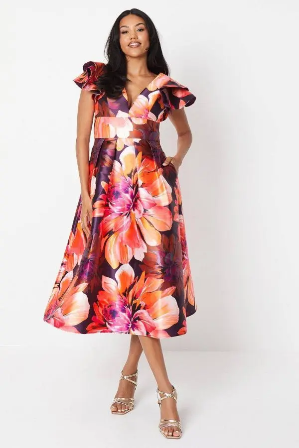 Frill Shoulder Plunge Twill Midi Wedding Guest Dress