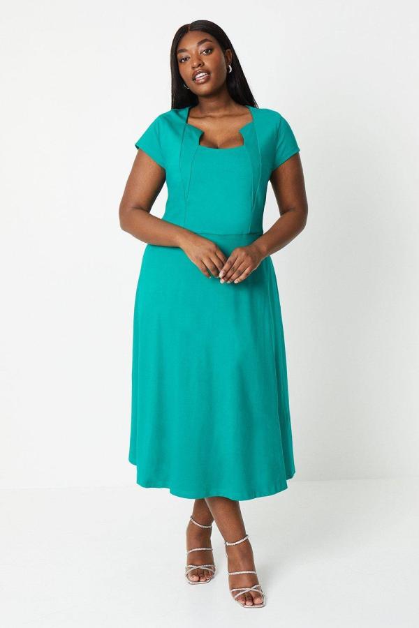 Plus Ponte Midi Dress With Square Neckline - Green