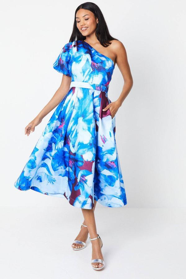 Printed One Shoulder Midi Wedding Guest Dress - Blue