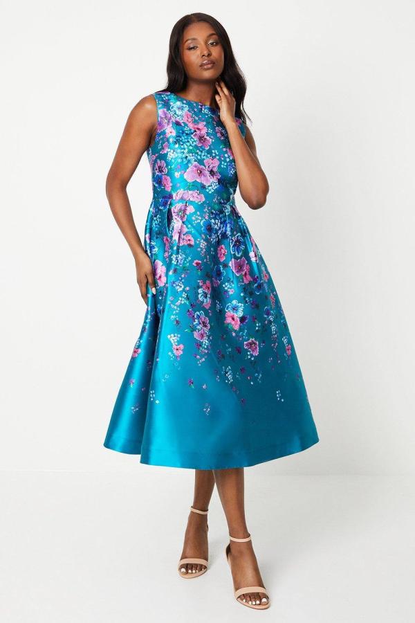 Floral Printed Twill Midi Dress With Pockets - Blue