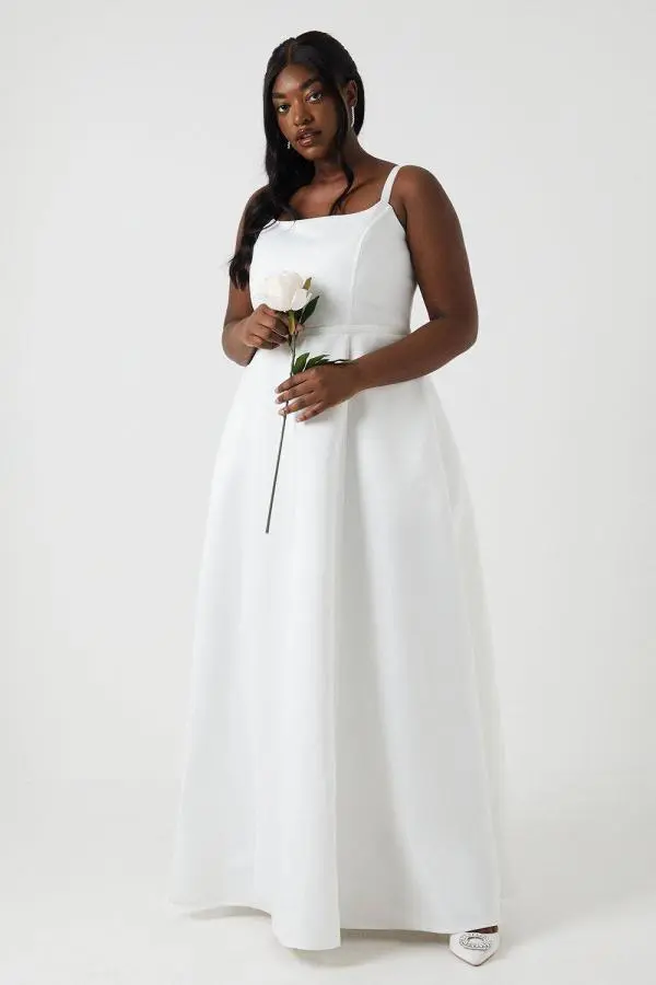 Plus Size Structured Satin Full Skirt Wedding Dress - Ivory