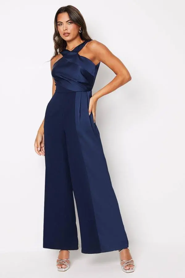 Satin Panelled Cross Neck Fluid Jumpsuit - Navy