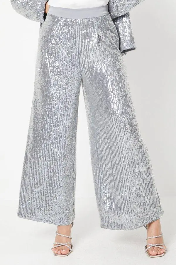 Petite Clear Sequin Wide Leg Trousers - Grey