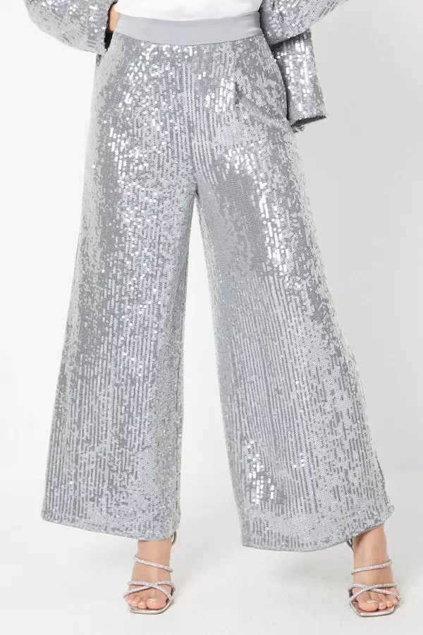 Petite Clear Sequin Wide Leg Trousers