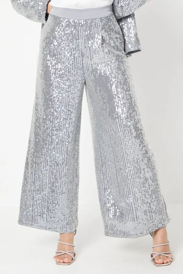 Petite Clear Sequin Wide Leg Trousers 