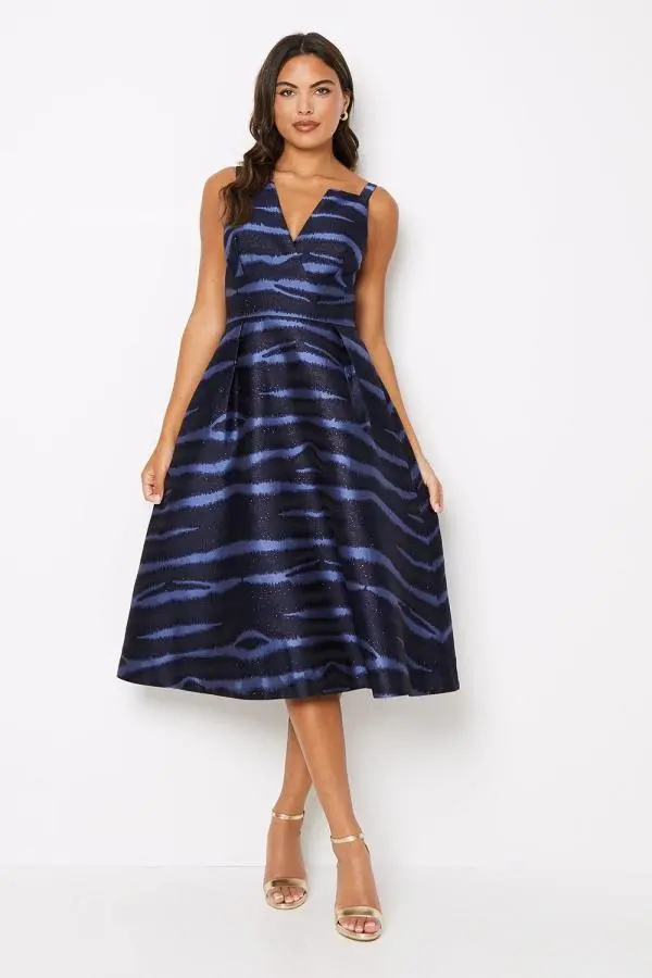 Notch Neck Stripe Jacquard Midi Dress - Navy