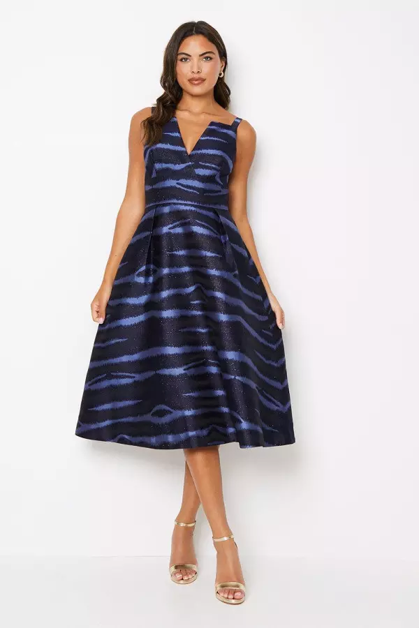 Notch Neck Stripe Jacquard Midi Dress