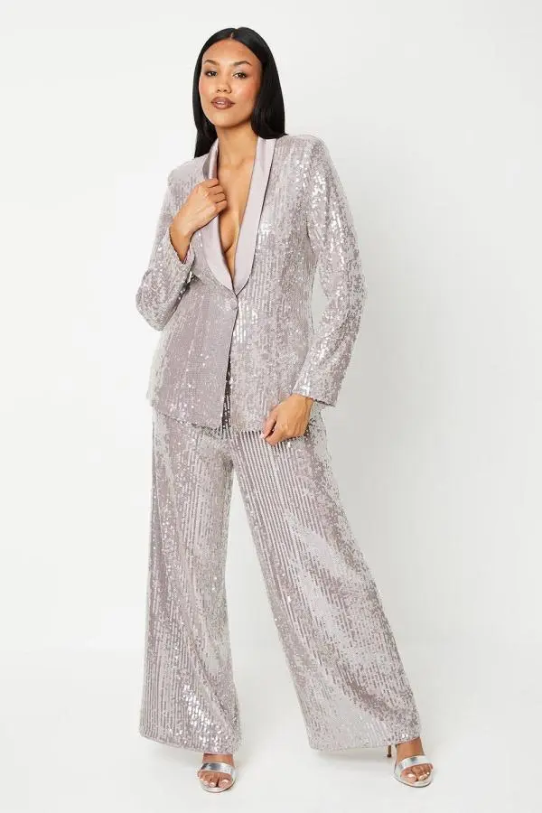 Clear Sequin Wide Leg Trouser - Mink