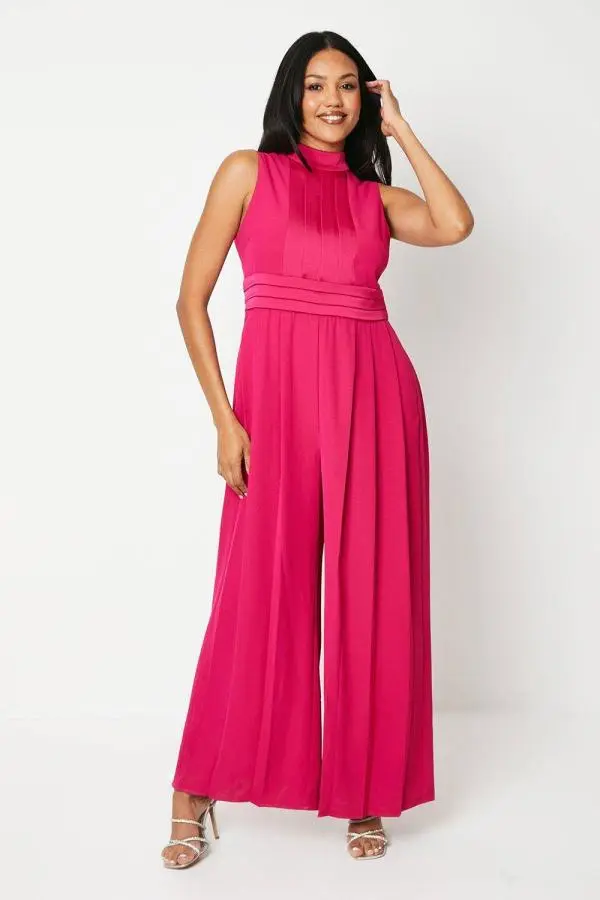 High Neck Pleated Belted Jumpsuit - Pink