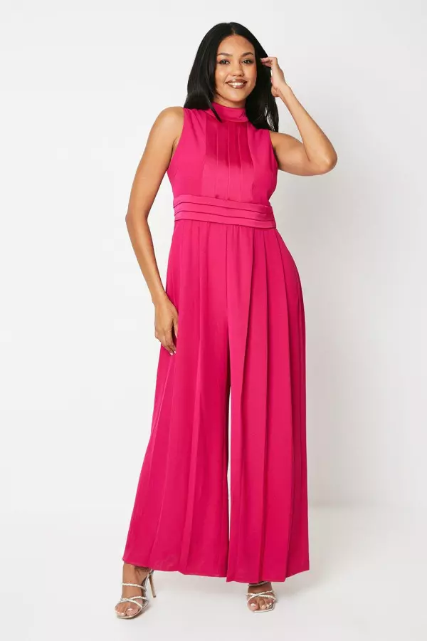 High Neck Pleated Belted Jumpsuit