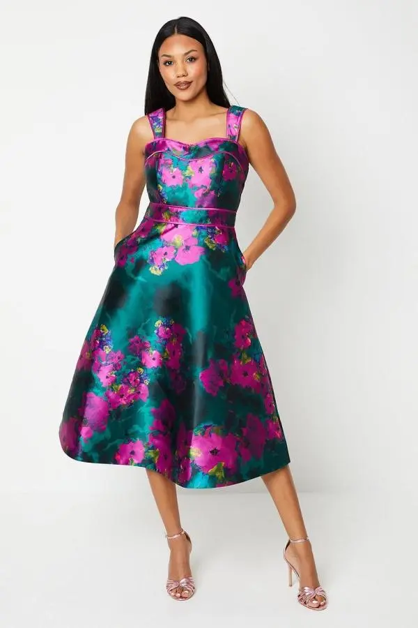 Floral Print Panelled Bodice Midi Dress