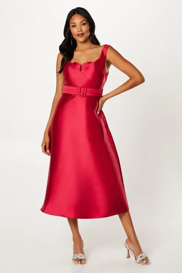 Satin Twill Cross Over Bodice Belted Midi Dress - Red