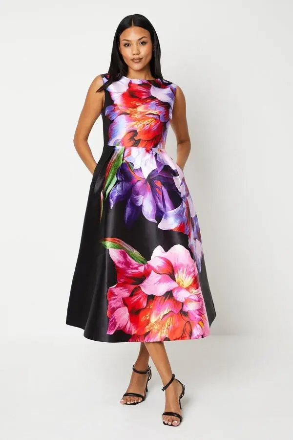 Large Scale Floral Print Satin Twill Midi Dress - Black