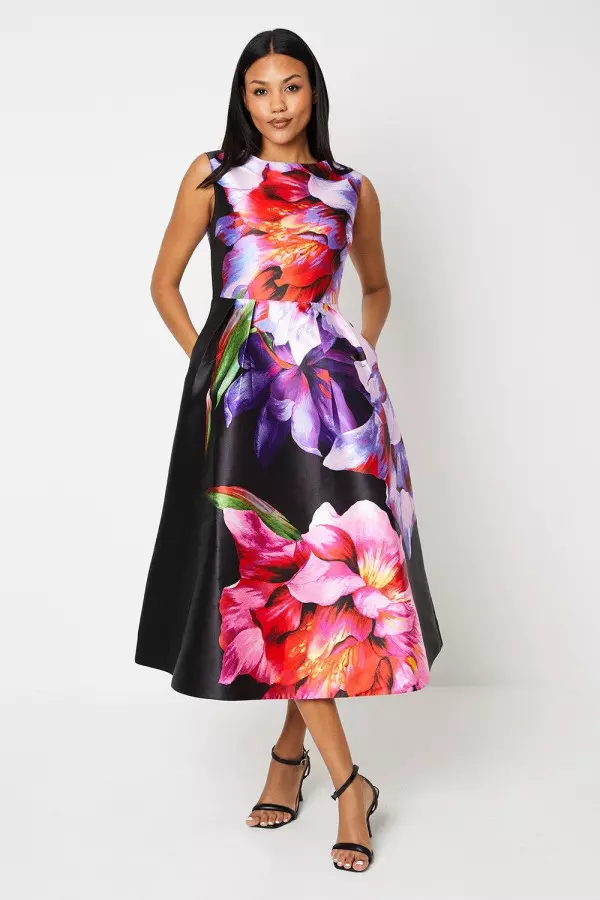 Large Scale Floral Print Satin Twill Midi Dress