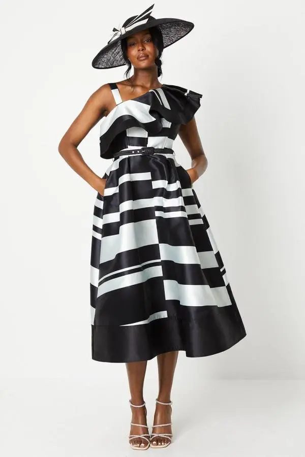 Lisa Tan Geo Stripe Monochrome Ruffle Shoulder Midi Dress - Mono