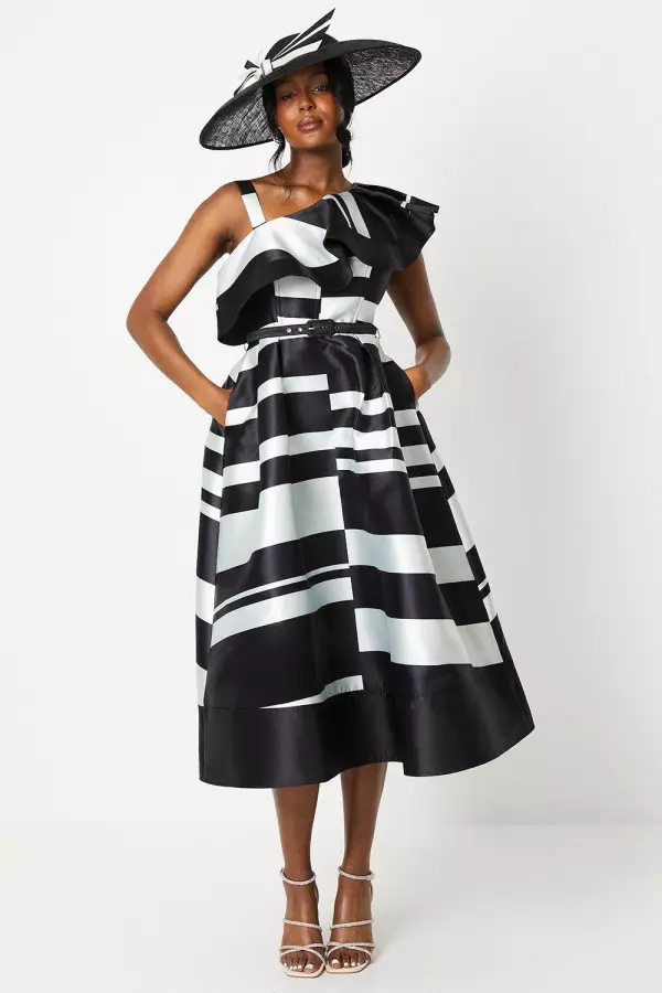 Lisa Tan Geo Stripe Monochrome Ruffle Shoulder Midi Dress