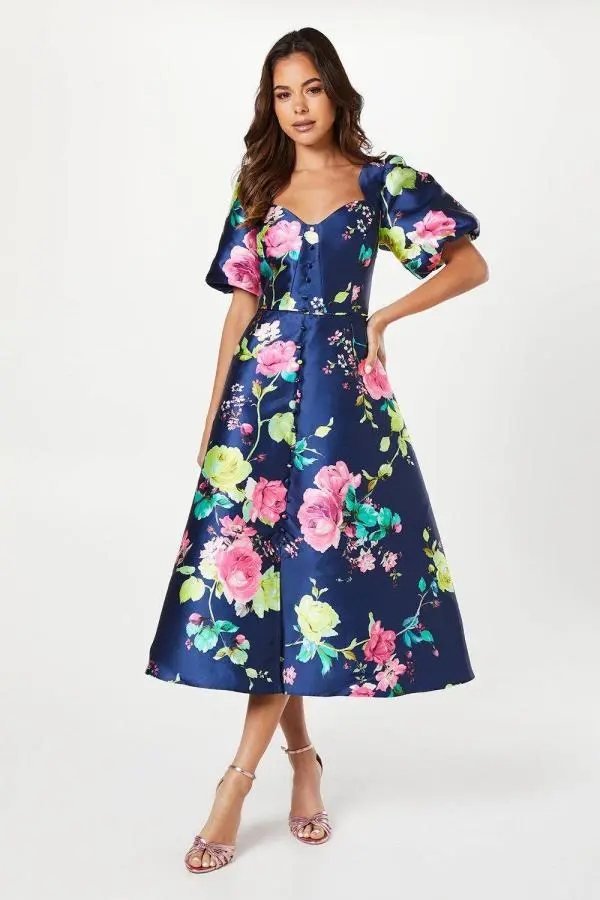 Floral Print Puff Sleeve Midi Dress - Navy