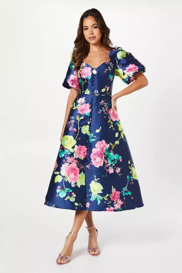 Puff Sleeve Midi Dress With Buttons