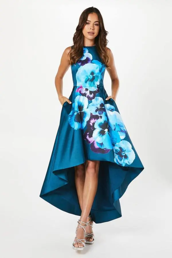 Large Scale Floral Print High Low Hem Dress - Blue