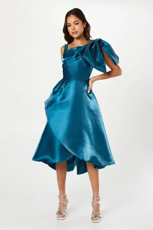 Glossy Twill Asymmetric Bow Shoulder Midi Dress - Blue