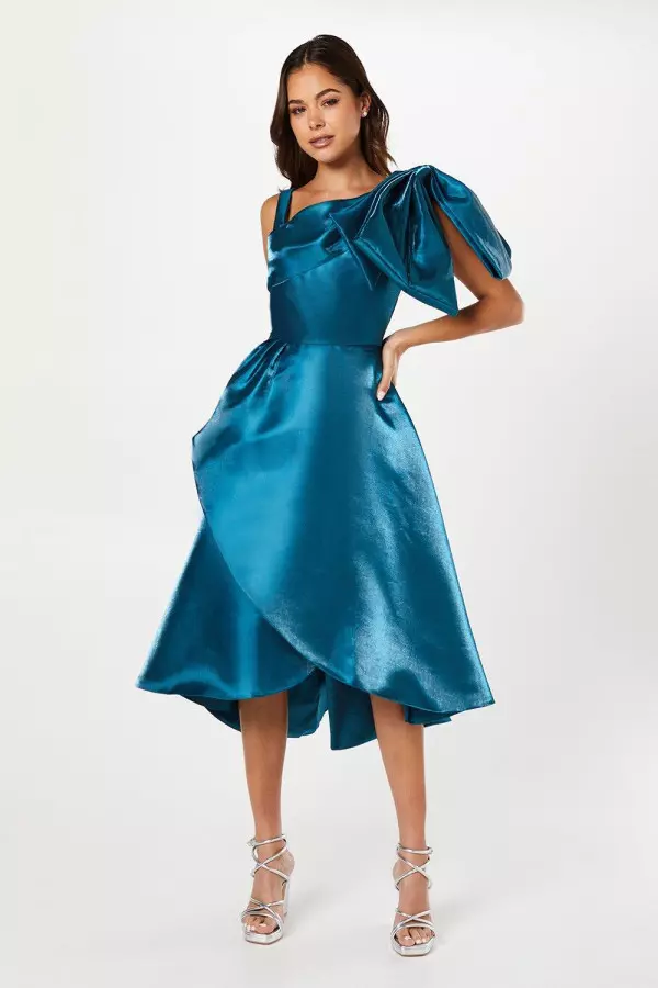 Glossy Twill Asymmetric Bow Shoulder Midi Dress
