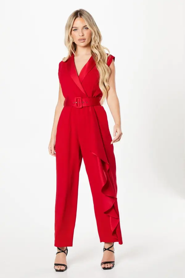Petite Belted Tuxedo Jumpsuit With Waterfall Ruffle