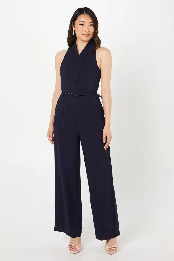 Pleated Neck Straight Leg Jumpsuit - Navy