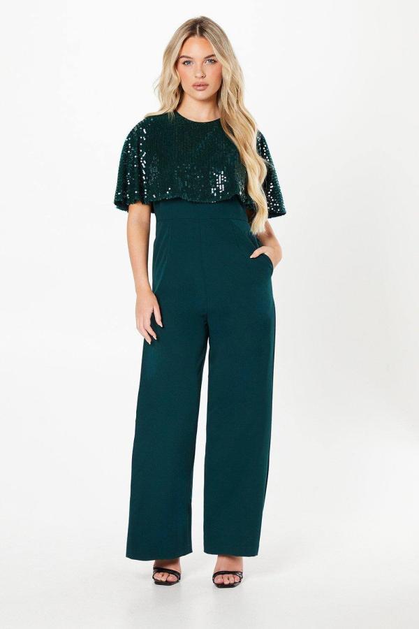 Petite Party Sequin Cape Jumpsuit - Green