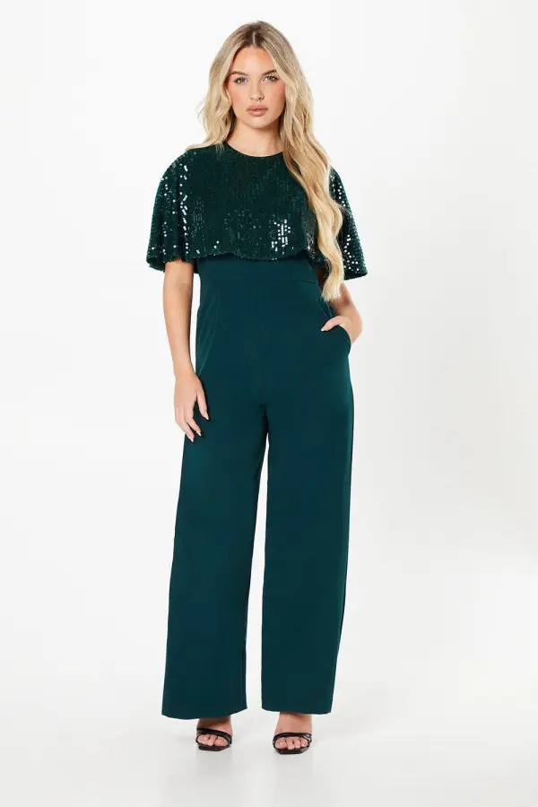 Petite Sequin Cape Jumpsuit 