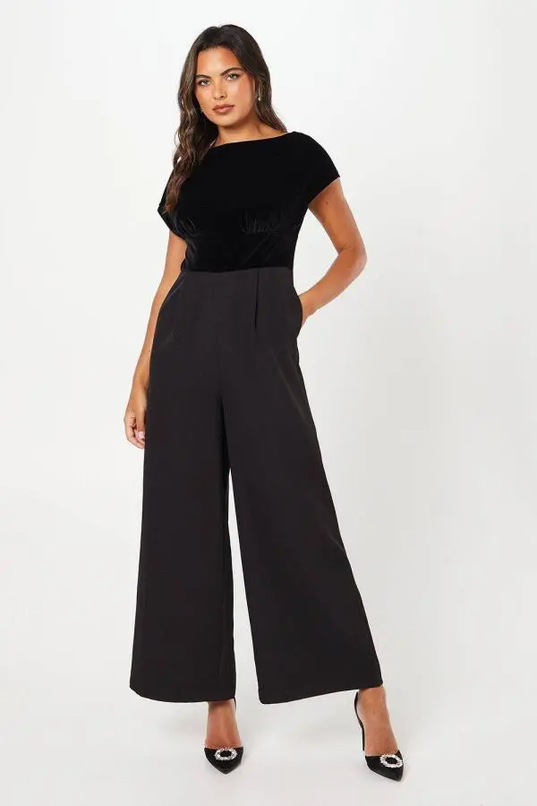 Velvet Bodice Pleat Detail Jumpsuit - Black