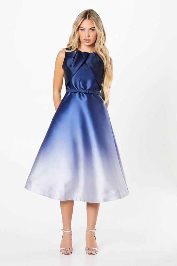 Petite Overlay Bodice Satin Twill Midi Dress - Navy