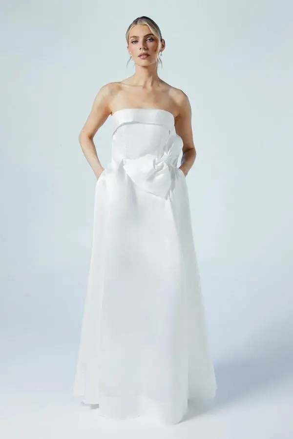 Origami Bow Front Twill Wedding Dress - Ivory