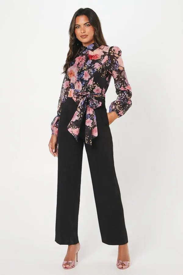 Blouson Sleeve Pintuck Detail Wide Leg Jumpsuit - Black