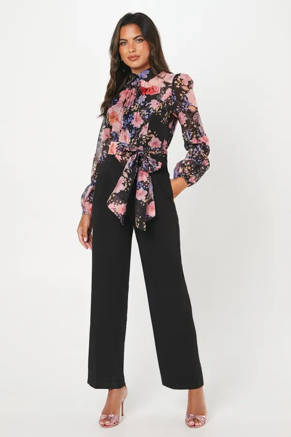 Blouson Sleeve Pintuck Detail Wide Leg Jumpsuit