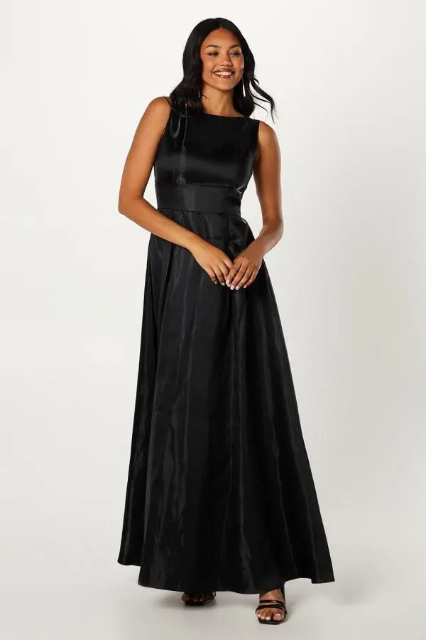 Boat Neck Full Skirted Twill Gown - Black