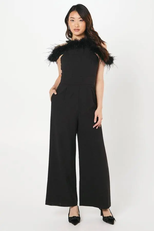 Feather Off Shoulder Jumpsuit - Black