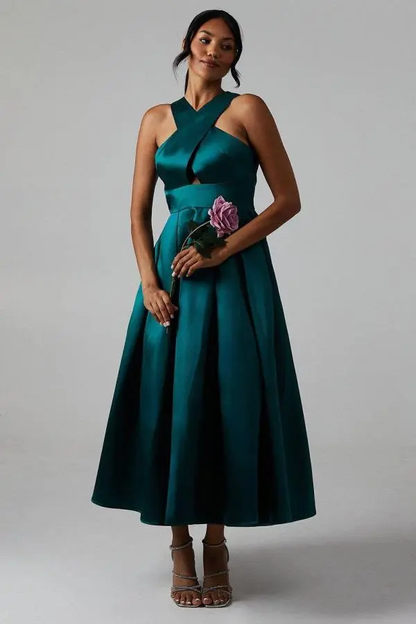 Cross Neck Twill Bridesmaids Dress - Green