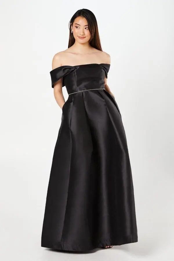 Bardot Twill Full Skirted With Diamante Trim Gown - Black