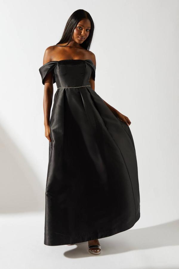 Bardot Twill Full Skirted With Diamante Trim Maxi Dress - Black