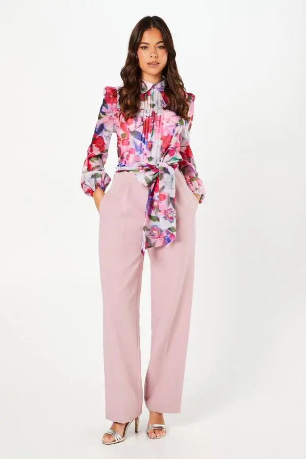 Organza Printed Bodice Jumpsuit - Pink