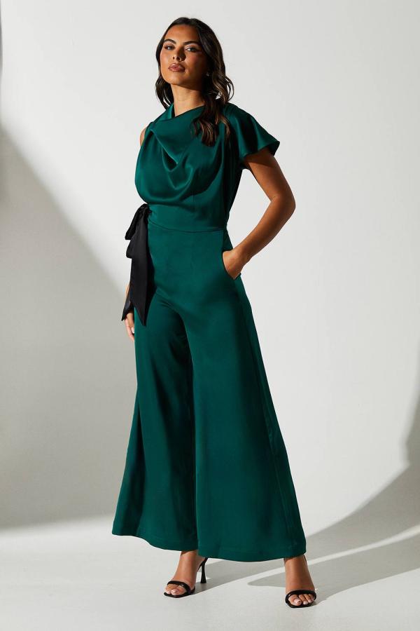 Tie Side Satin Drape Wide Leg Jumpsuit - Green